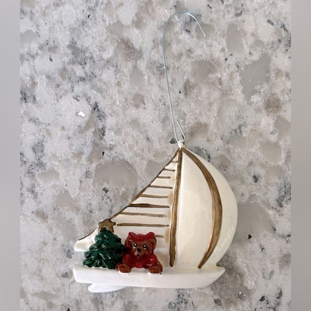 Ceramic Sailboat with Bear Ornament
